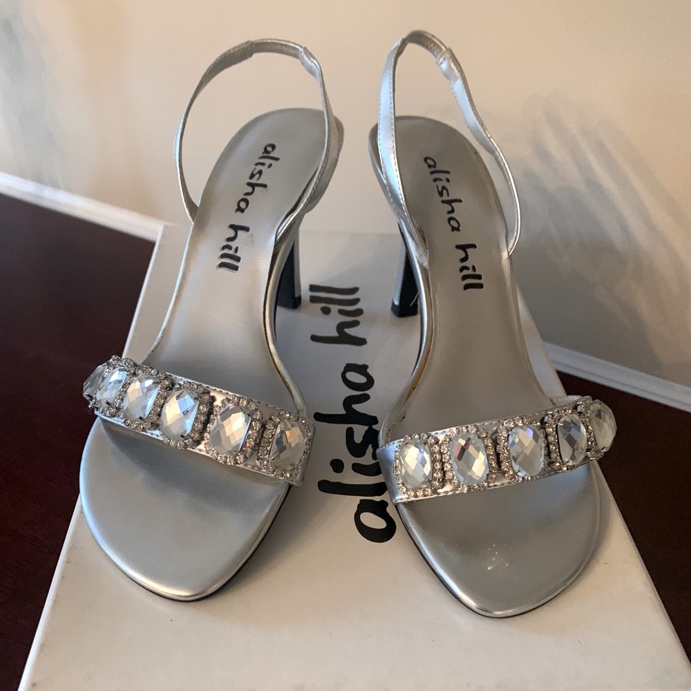 Silver evening shoe with crystal embellishments